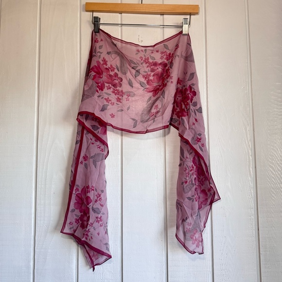 Vintage Accessories - Vintage Pink Floral Scarf with Rhinestone Embelishments